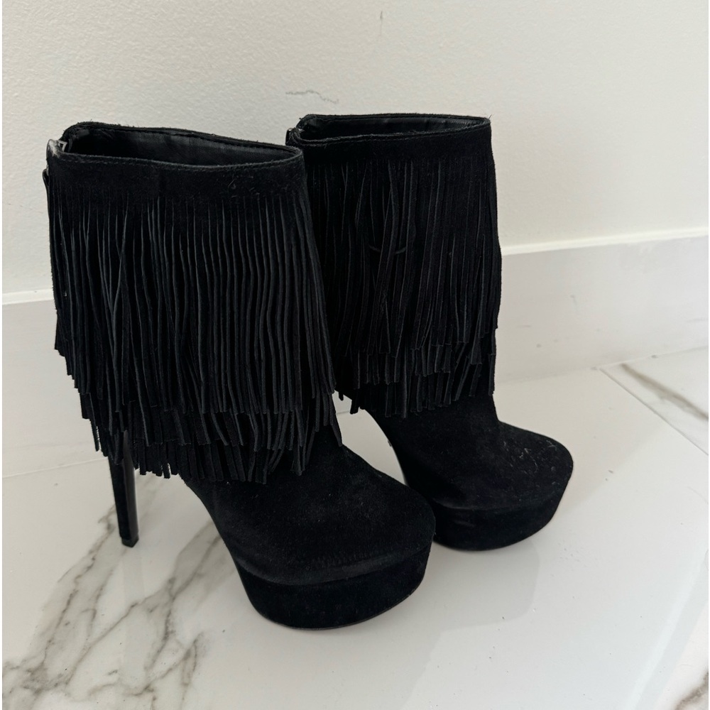 Schutz Black Suede Fringe Ankle Heeled Boots